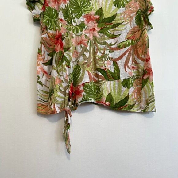 J. JILL Love Linen Tropical Floral Tie Front Tee White Green Short Sleeve Blouse - Picture 4 of 14
